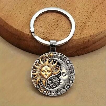 1pc Minimalist Versatile Sun & Moon Design Keychain, Unisex Car Accessory Pendant Keyring, Elegant Moon & Sun Shaped Keychain