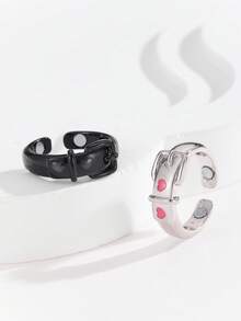 ATLVXJL 2pcs/Set Couple Friendship Family Glow-In-The-Dark Pink Heart Transparent Oil Blue Light Watch Band Style Open Adjustable Silver Black Couple Ring Set, Casual Jewelry Rings Suitable For Daily Wear And Holiday Gift Giving - Multicolor - View 8