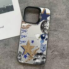 Fashionable Leopard Print, Star, Lip Element Pattern Luxury Gradient Black & Silver Silicone Soft Edge, Acrylic Hard Back Plate, Large Hole Camera Protection Anti-Drop Thick PC Metal Button Phone Case Compatible With IPhone/ - Black - View 1
