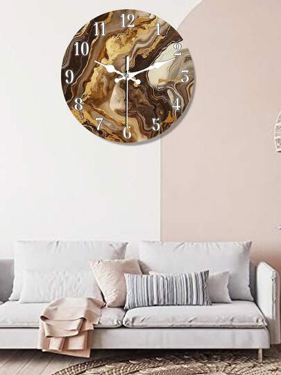 1pc Noiseless Wooden Wall Clock - Silent Modern Abstract Marble Texture, Gold Accents, Round Design, Suitable For Living Room, Bedroom, Kitchen, Office Decor (10 Inch/12 Inch - Batteries Not Included), Bedroom Clock, Elegant Numeric Style, Battery-Free Operation