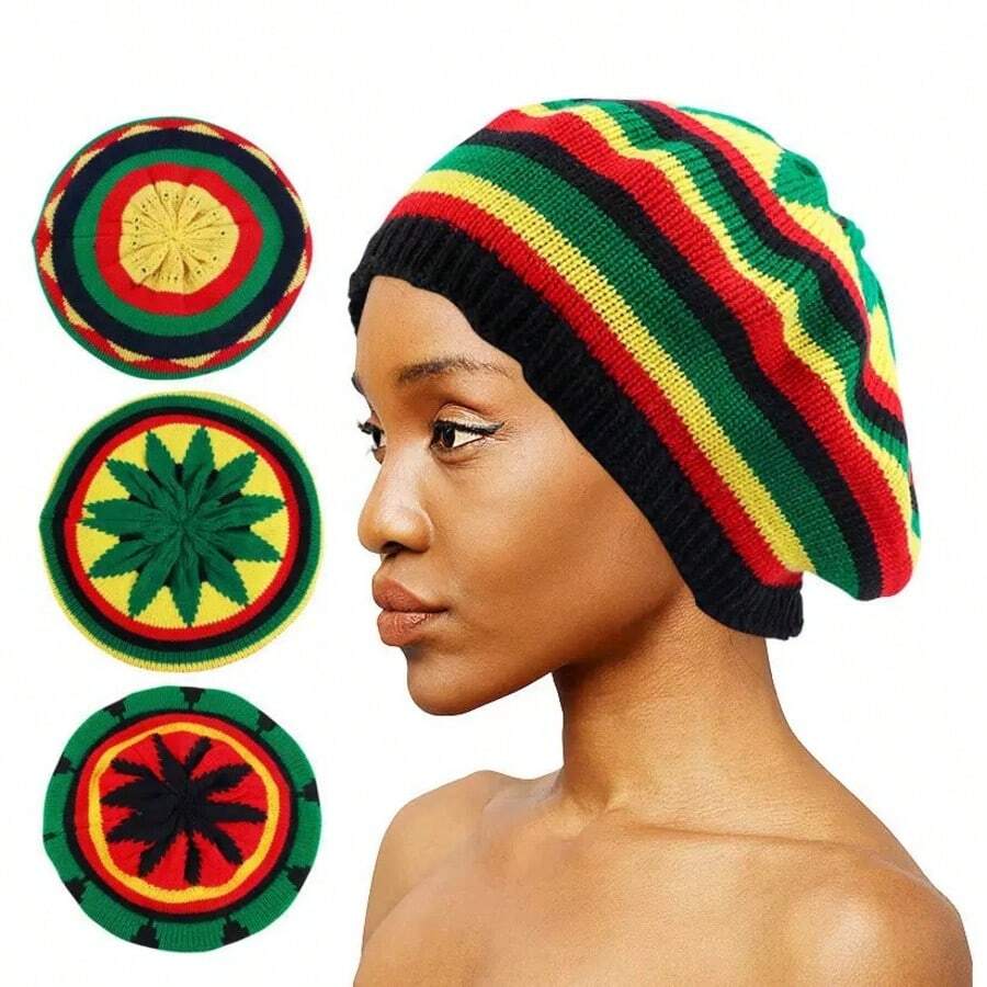 1pc Autumn/Winter Jamaican Rasta Knit Beanie, Rainbow Striped Beret - Multicolor - View 1