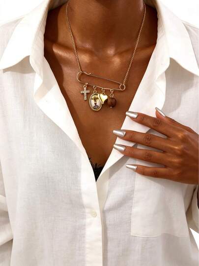 1pc Vintage Minimalist Personalized Virgin Mary Cross & Heart Pendant Necklace, Suitable For Women Everyday & Holiday Wear