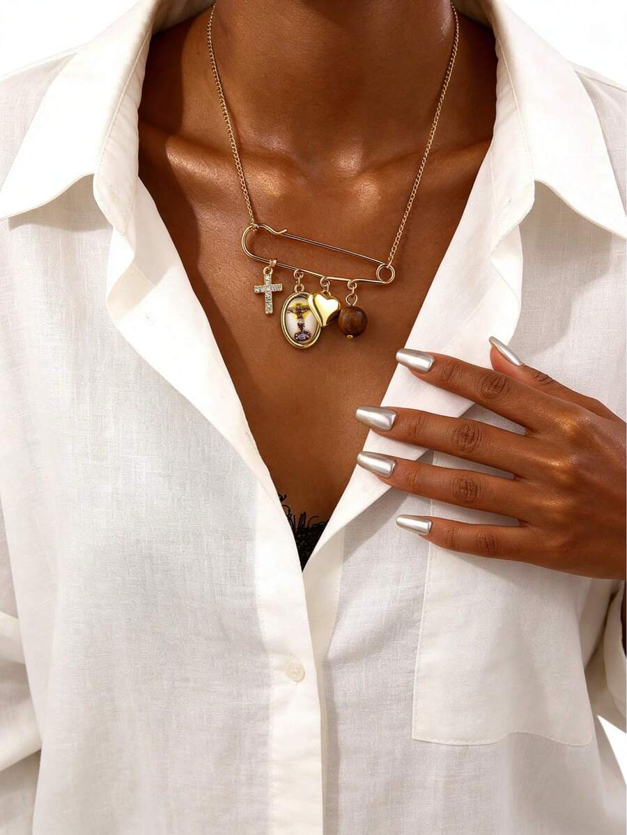 1件复古简约个性化圣母玛利亚十字架心形吊坠项链，适合女性日常及节日佩戴 - 金黃色 - 查看 1