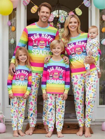 Matching Easter Pajamas For Family Long Sleeve Bunny Print Rainbow Tops + Pants Set Loungewear