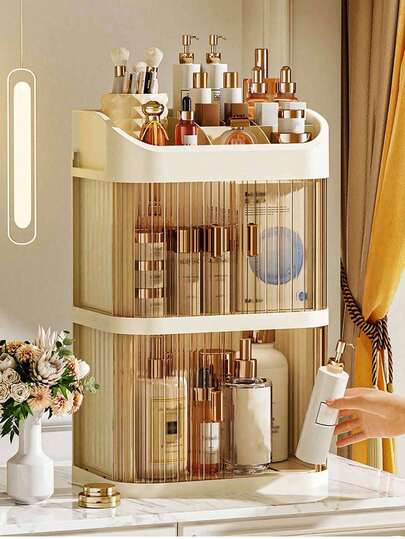 大容量三层双门化妆品收纳盒，浅黄色，抽屉式设计，可收纳梳妆配件、珠宝、化妆刷、香水等，是送给女士的完美礼物，也是圣诞礼物的理想之选。