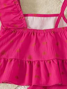 Summer Baby Girls' Cute & Fashionable Fuchsia Heart Print Asymmetric-Shoulder Ruffle Top & High Waist Loose Straight Pants Set - Hot Pink - View 9