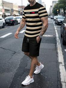 Men's Fashion Contrast Color Striped Print Round Neck Short Sleeve Shorts Set, Sporty & Versatile Summer - Multicolor - View 4