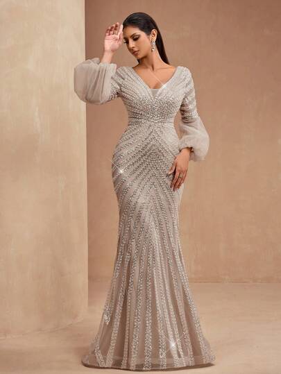 AMILUCK New Elegant High-End Luxury Heavily Embellished Sequin, Sequins, Lace V-Neck Splice Mesh Lantern Sleeve Mermaid Tail Formal Evening Gown For Banquet, Wedding, Party