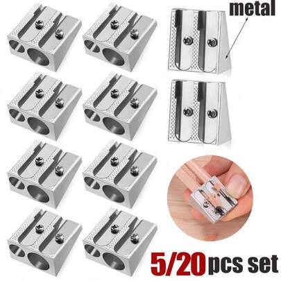 5/20 件装金属削笔器 - 单孔/双孔削笔器，大孔和小孔设计，开学季文具，廉价开学用品，入学礼物（银色）