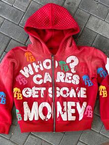 Y2K Graffiti Zip-Up Hoodie Oversized Black Full-Zip Sweatshirt With White Letter Print & Star Pattern, Unisex Streetwear Jacket For Men & Women, Hip-Hop Style Casual Coat With Asymmetrical Hem & Graffiti Lettering, All-Season Wear, Regular Fit, Long Sleeves, Front Zipper Closure, Hooded Design, Geometric Patterns, And Contrast Colors For A Bold Urban Look, Vintage All Look, Street Style, Streetwear Enthusiasts, Bold Graphic, Sleeve Hoodie, Urban Fashion, Ladies Sweatshirts Plus Size - Đỏ - Xem 1