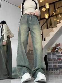 Casual Washed High Waist Wide Leg Jeans - Medium Wash - View 2