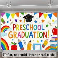 2D平面横幅，毕业帽主题，彩色背景布，饰有彩虹铅笔图案。适用于幼儿园毕业派对装饰横幅、拍照背景装饰。涤纶材质毕业横幅，饰有彩色星星、苹果书图案。非常适合毕业季派对、课堂活动以及在照相亭捕捉美好回忆。 - 1個 - 查看 6