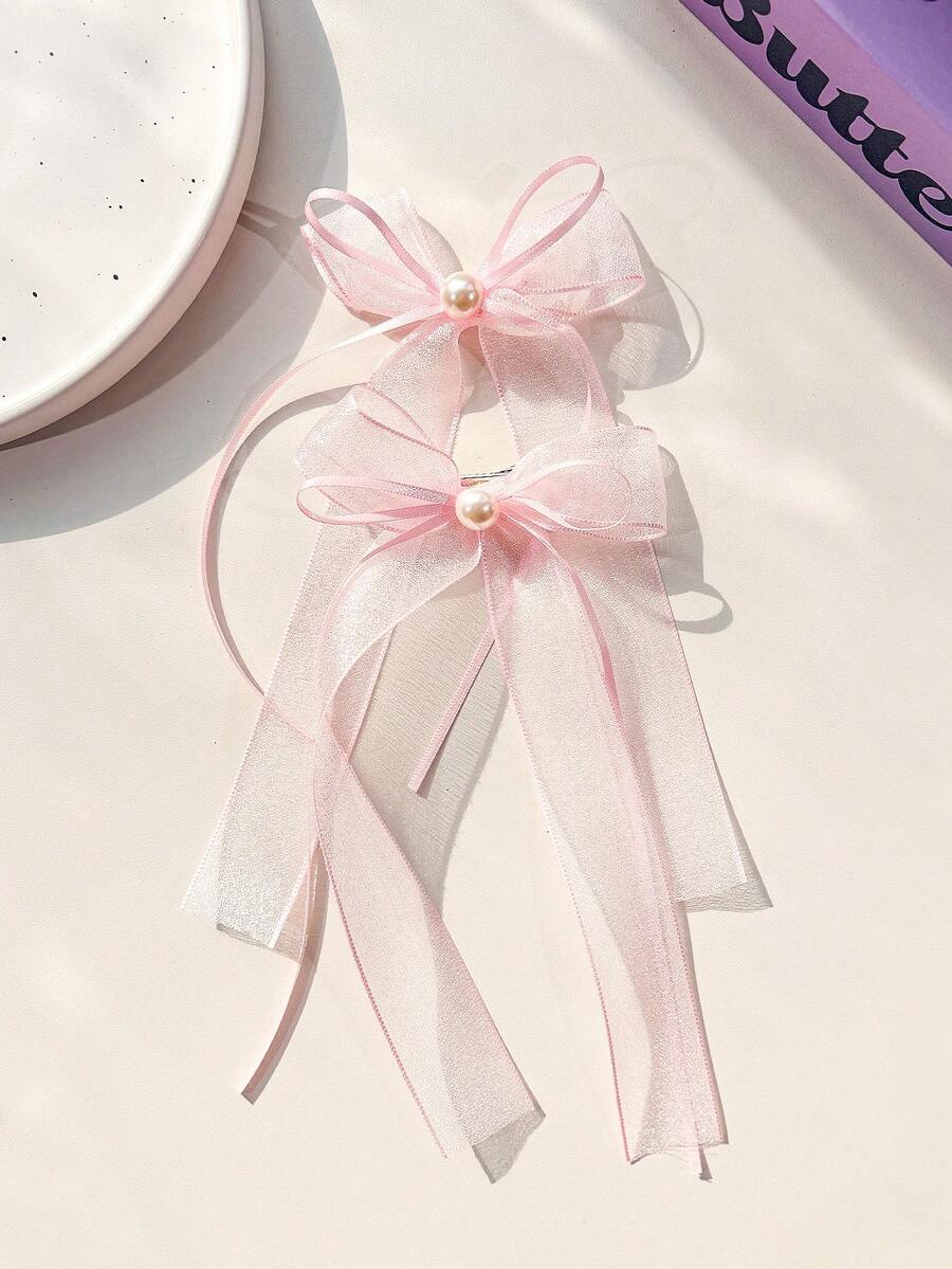 2个装女士可爱粉色网纱蝴蝶结发夹，百搭珍珠丝带蝴蝶结侧夹，优雅芭蕾舞风格丝带发夹，适合日常使用 - 粉色 - 查看 1