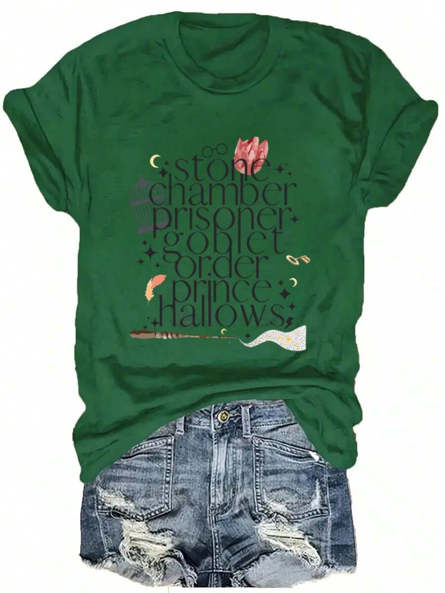 Tops4074 Printed Round Neck T-Shirt Casual Short Sleeve Top Loose And Comfortable Summer - Army Green - View 1