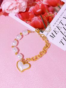 1pc Lovely Heart Pendant Necklace Chain Bracelet, Fashion Beaded Chain Bracelet, Valentine's Day/Mother's Day Gift - Love Pendant - View 2