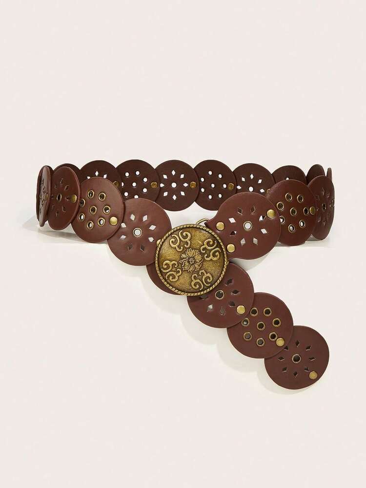 1pc BOHO Style Waist Belt For Girl, Vintage Bronze Floral Hollow Round Buckle Rhombus Eyelet Patchwork Brown Belt, Suitable For Skirts, Pants, Sweaters, Shirts, Coats, Party, Festival, Birthday, Valentine's Day Gift - Brown - View 2