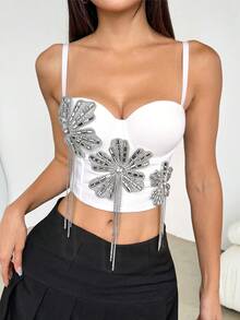 黑色钻石镶嵌闪亮花卉吊带背心性感露背束身衣女式休闲白色 - 白色 - 查看 3