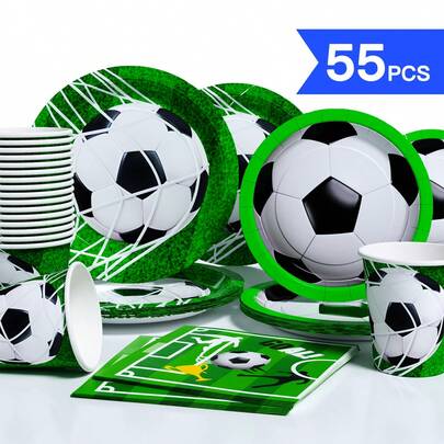 1 Set Of Soccer Goal Themed Disposable Plates, Napkins And Cups, Serves 10 Guests, Suitable For Birthday, Wedding, Party, Family Picnic