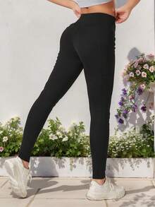 High Waist Lifting Tummy Control Pocket Yoga Pants, Fitness Leggings, Stretchy Tight Sportswear - Black - View 3