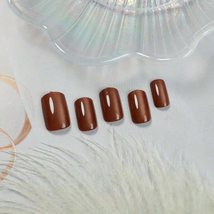 NXYCHIC Brown Magnetic Cat Eye Press On Nails (30 Pcs) - Short Square Glitter Glossy Solid Color Full Cover Acrylic Reusable Stick On False Nails For Women Girls - You Make Me Melt - 查看 1