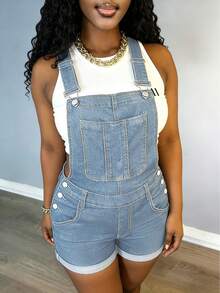 Y2K Cowgirl Denim Overalls Shorts Mid-Stretch Rolled Hem Adjustable Straps Multi-Pocket Streetwear - 中等水洗藍 - 查看 5
