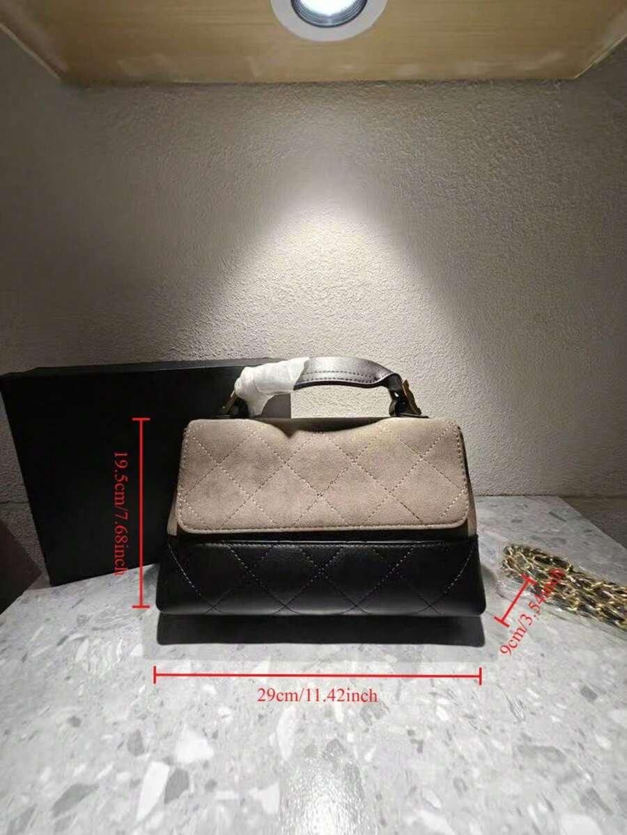 Two Tone Quilted Women's Crossbody Bag, Gray Black Suede Leather Wallet, Gold Hardware, 29x19.5x12 Cm - Gris y negro - Ver 1