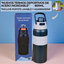 Botella Deportiva De Acero Inoxidable Con Agarradera, PYA-15, Vaso para gym, Termo térmico de acero inoxidable, Vaso con tapa aislante, Termo portátil con agarradera, Botella deportiva con excelente diseño y estilo, botella aislante, capacidad de 800 ml, - Verde Oscuro - Ver 2