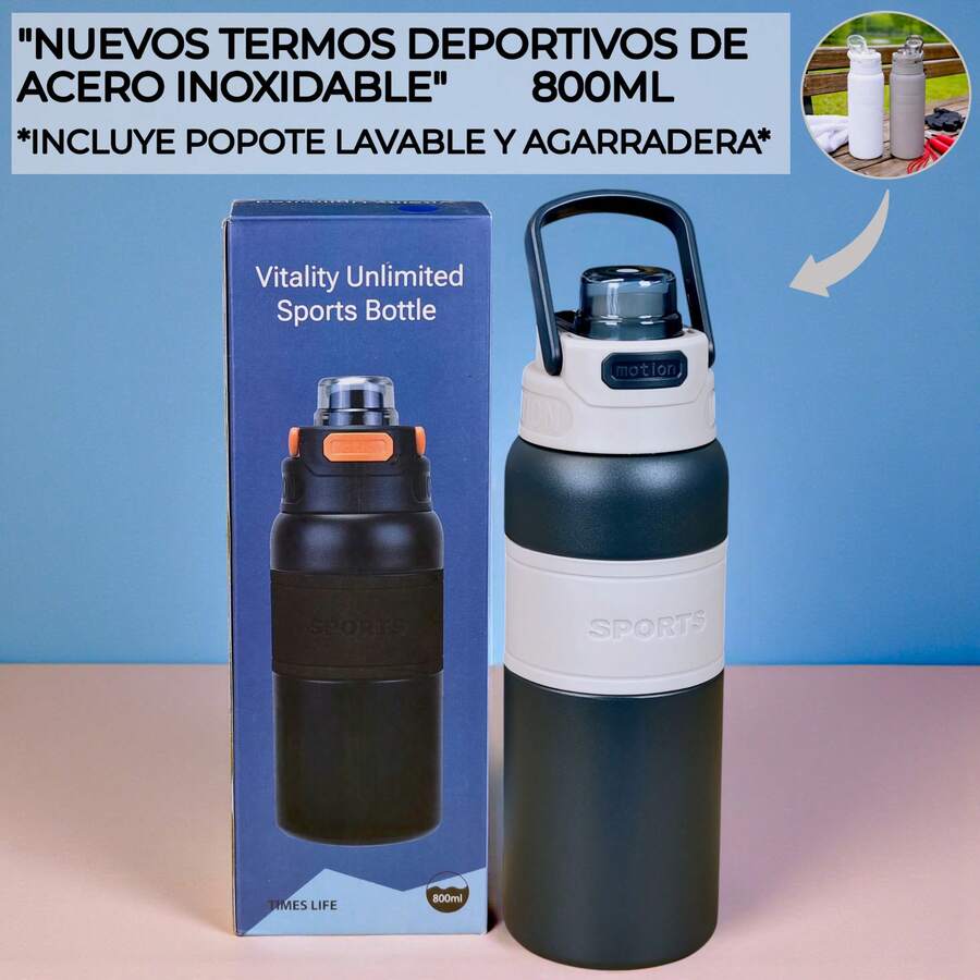 Botella Deportiva De Acero Inoxidable Con Agarradera, PYA-15, Vaso para gym, Termo térmico de acero inoxidable, Vaso con tapa aislante, Termo portátil con agarradera, Botella deportiva con excelente diseño y estilo, botella aislante, capacidad de 800 ml,