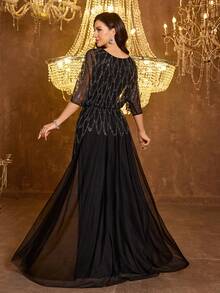 UNITHORSE [Estampa Aleatória] Vestido de Noite Feminino de Chiffon com Lantejoulas, Gola Redonda e Ajustado, Preto, para Casamento e Festa - Preto - Visão 2
