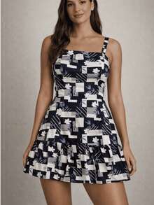 Vestido Feminino Curto Estampado com Lastex nas Costas e Babado | Crepinho Forrado M G GG - Preto - Visão 2