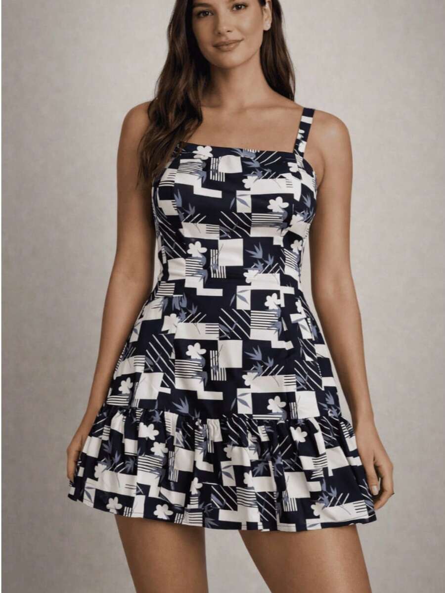 Vestido Feminino Curto Estampado com Lastex nas Costas e Babado | Crepinho Forrado M G GG