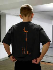 男童休闲宇航员月球彩色字母印花圆领短袖T恤，夏季学生青少年服装 - 黑色 - 查看 2