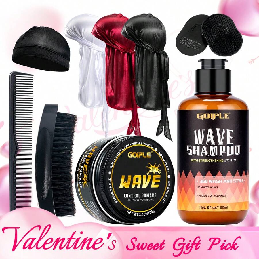 GOIPLE 9pcs 360 Wave Grooming Kit – Wave Shampoo (Hair Strengthening & Moisture Locking), 360 Wave Control Pomade (Long-Lasting Hold), Silky Durags, Anti-Slip Wave Brushes & Comb, For Wave Enhancing & 360 Wave Defining, Daily Grooming For Men With Curly To Extremely Curly Hair - 黑色10件 - 查看 1
