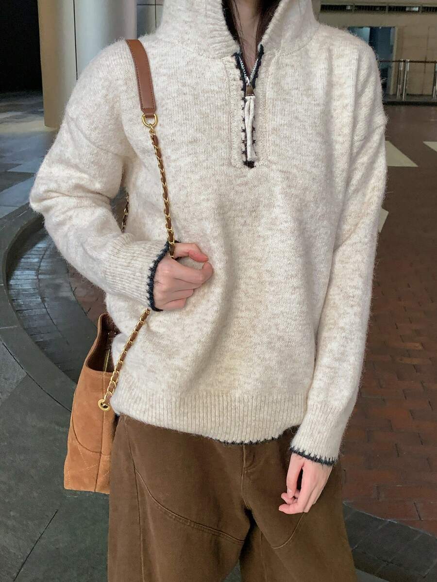 Stylish Half-Zip Hooded Knit Sweatshirt For Women, Loose & Soft Pullover Sweatshirt Top, Autumn/Winter - Oatmeal - View 1