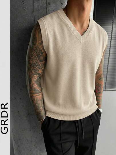 GRDR Chaleco de punto de hombre de estilo casual versátil para uso diario, de color gris claro sólido, de cuello en V sin mangas, de tejido de punto, de corte slim