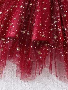 Young Girl Patchwork Flutter Sleeve T-Shirt And Butterfly Sequin Mesh Skirt Set, Spring/Summer - Red - View 5