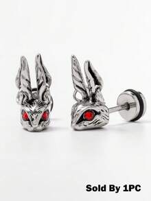1pc Stainless Steel External Thread Earring, Silver, Red-Eyed Rabbit Earring, Men's Gothic Punk Style Earring - Silver - View 6