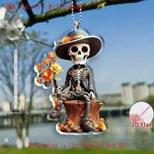 1 2D Flat Skull Acrylic Hanging Ornament With Floral Decoration, Car Hanging Decoration, Holiday Tree Decoration Pendant, Home Decoration Supplies - 1pc - View 4