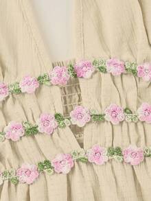 abyoxi 杏色性感深V领露背A字荷叶边下摆休闲长裙，腰部饰有花卉图案，适合度假、海滩、旅行、新年、情人节等场合。 - 杏色 - 查看 8