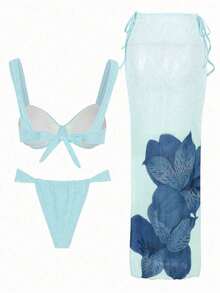 Valentine's Day Spring/Summer New Beach Vacation Party Navy Blue Elegant Sexy 3-Piece Bikini Set: Padded Bandeau Top + Ombre Print Maxi Skirt - Multicolor - View 3