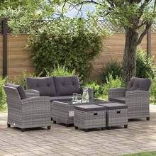 vidaXL 6-teiliges Garten-Sofaset mit Auflagen, Poly-Rattan, dunkelgrau - Grau - Übersicht 1