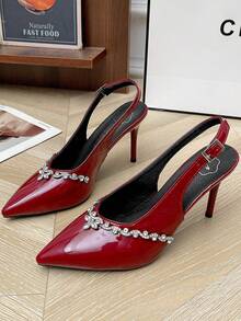 Silver Rhinestone Decor Pointed Toe Ankle Strap Sexy High Heel Sandals, Elegant French Style Open Toe Stilettos For Spring/Summer, Run Small By Half Size - Red - View 5