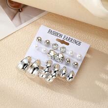 VKME 18件金属材质扭纹珍珠不对称卡片耳环套装，适合女士日常休闲百搭 - XH92825183 - 查看 10