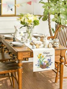 1pc Easter Bunny Pattern Table Runner, Easter Style Table Decor, Linen Material, Available In Multiple Sizes, Suitable For Home Dining, Kitchen Decoration, Home Decor, Outdoor Party And Restaurant Decoration, Textured Linen Appearance - Multicolor - View 2
