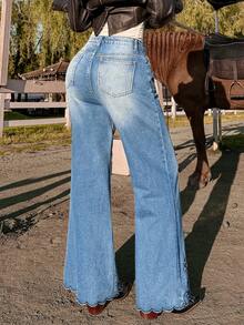 女士西部刺绣喇叭牛仔裤，高腰中等水洗牛仔布，花卉镂空牛仔节喇叭裤，休闲春季款 - 淺色水洗藍 - 查看 7