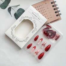 Red Cats Eyes Press On Nails Almond Fake Nails French Tip Acrylic False Nails With Bow Design Full Cover Cats Eyes Stick On Nails Shiny Medium Glue On Nails For Women New Year Valentines Manicure - 摩卡棕 - 查看 3