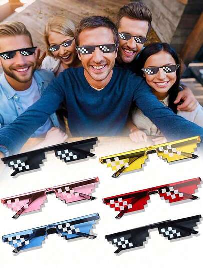 4副马赛克像素定制时尚太阳镜，酷炫派对礼物，彩色像素眼镜，复古眼镜，趣味马赛克图案，适合派对、婚礼、像素主题及其他趣味场合，夏威夷派对用品