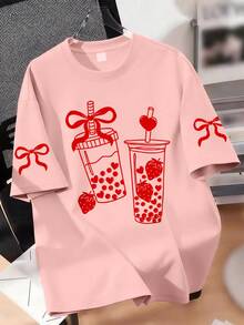 女童短袖T恤，饰有蝴蝶结和饮料图案，圆领设计，时尚可爱，必备时尚单品 - 粉色 - 查看 1