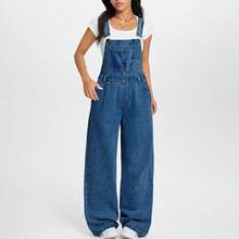 Women's Casual Denim Overalls - Adjustable Straps With Front Bib Pocket, Loose Fit Jumpsuit Romper Comfortable Soft Fabric,Summer Outfits For Women,Baggy Jeans,Going Out Outfits,Overol Mujer,Denim Romper,Wide Leg Jeans,Ropa De Verano Mujer,Concert Outfits,Festival Outfits For Women,Easter Outfit Women. - 深色水洗藍 - 查看 2