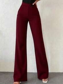 Women's Casual Elegant Straight Leg Pants, Essential Back-To-School Item, Asymmetric V-Waistline Accentuates Curves, Suitable For Daily Wear, Office, Dates, Vacation And More - 酒紅色 - 查看 8